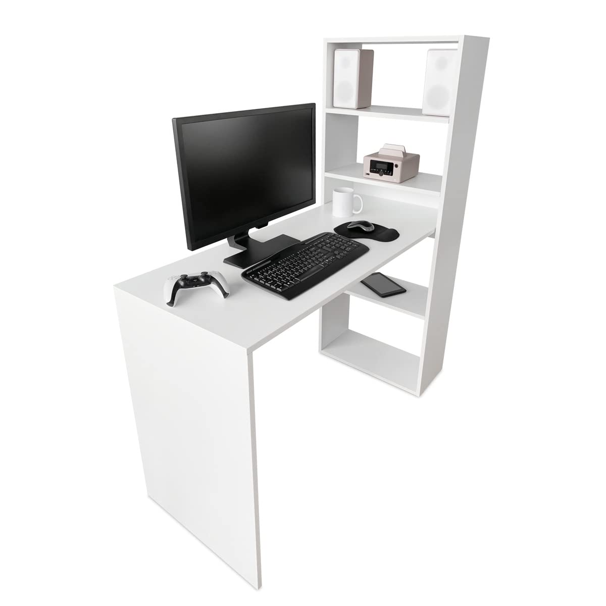 amuéblate online - Mesa de Escritorio con Estantería Modelo Alaska, Mesas para Ordenador, Acabado en Blanco, Práctica y Funcional, Medidas: 122 cm (Ancho) x 53,2 cm (Fondo) x 140 cm (Alto)