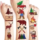 96PCS Lumberjack Temporary Tattoos Themed Woodland Camping Hunting Birthday Party Favors Decorations Supplies Buffalo Plaid Bears Stickers Gifts For Boys Girls Kids School Prizes Carnival Christmas