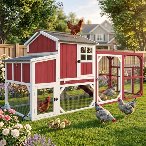 Large Outdoor Chicken Coop with Run & Wheels, 95.3" Wooden Hen House for 3–6 Chickens, 3-Compartment Nesting Box (2 Dividers), Pull-Out Tray, UV-Resistant Roof, Predator-Resistant Wire Mesh (Red)