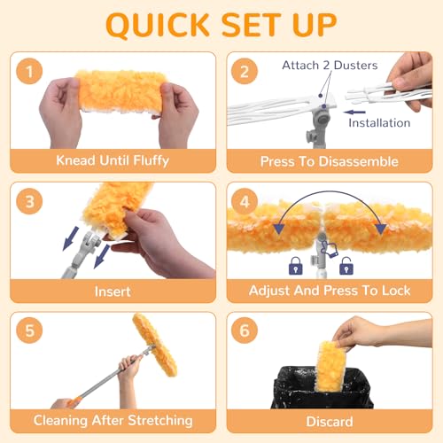 Image of 6 ft Heavy Duty Extendable Duster Handle with 50 Refills for Swiffer Duster, 360 Multi-Surface Dusters with 4X Cleaning Power for Home, Ceiling Fans, Windows, Dusting Hard-to-Reach Areas (Orange)