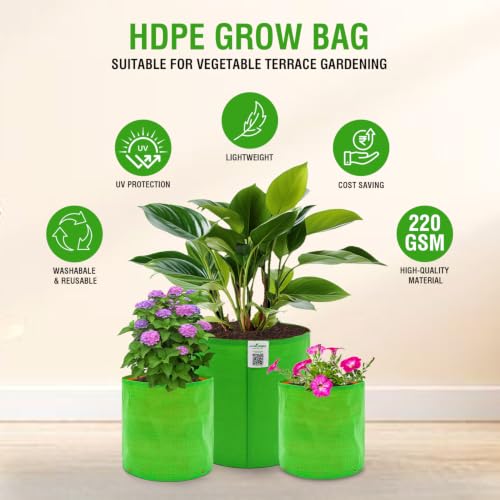 Image of Anandi Green's Premium HDPE Uv Protected 220 GSM Round Shaped Green Colour Plants Grow Bags Suitable for Terrace and Vegetable Gardening (Pack of 6, 15X15 INCH)