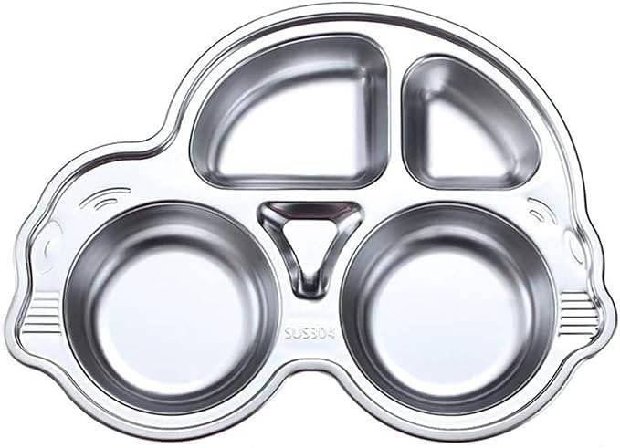 RATAVA Stainless Steel Car Shape Kids Plate – 5 Section Divided Food Tray for Toddlers & Children | BPA-Free, Unbreakable Meal Plate for Baby Feeding, Snacks & Lunch 1pc (Silver)-image-1