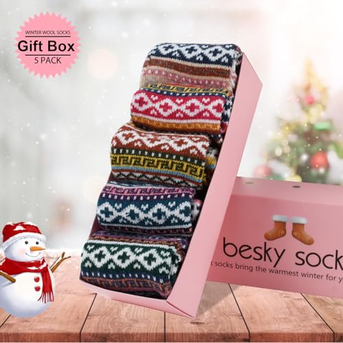 besky 5 Pairs Winter Wool Socks Women, Knit Thick Wool Soft Warm and Breathable Cozy Socks for Womens2
