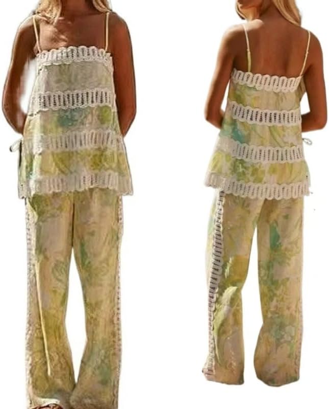 Adjustable strap Casual and Versatile Lace Sleeveless Top +Pants Set
