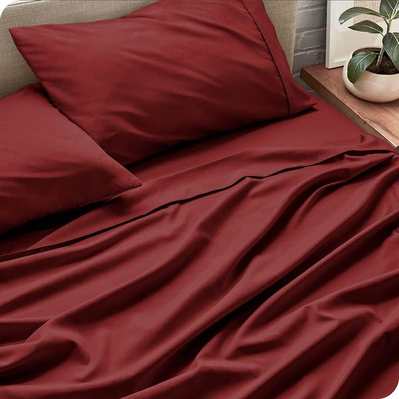 Image of Bed Sheet Double Size Cotton - Pure Egyptian Cotton Double Size BedSheet with Pillow Cover - Solid Maroon 600 Thread Count - Stain Resistant, Skin Friendly, Organic Cotton BedSheet