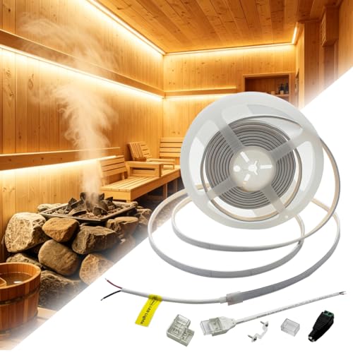 HAMRVL DC24V 3000K Warm White Sauna Lights High Temperature Waterproof IP67 LED Strip Lights 5m/16.4ft 320LEDs/m Silicone COB LED Sauna Lighting for Sauna Bathroom Shower Niche (No Power Supply)