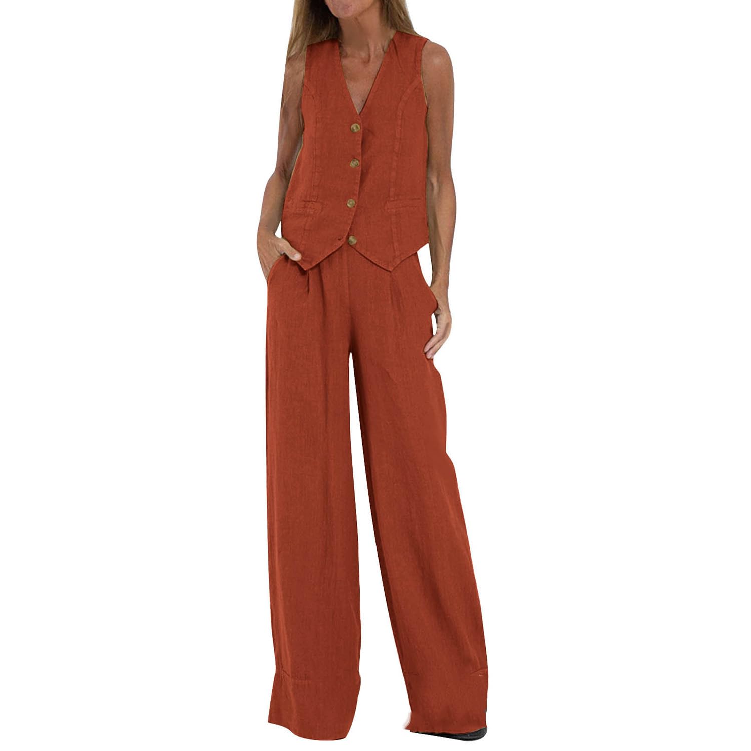 Summer 2Pcs Outfits Cotton Linen Button Down Sleeveless Blazer Suits Vest Wide Leg Long Pant Sets Business Suits