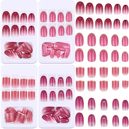 96 Pieces Glossy False Nails Oval Rhinestone Full Cover False Nails Pink Color Changing Gradient Short Artificial Nail Tips with 4 Pieces Nail Glue for Women Girls Nail DIY Decorations