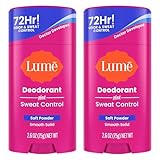 Lume Deodorant Plus Sweat Control - Smooth Solid Stick - Maximum Strength Antiperspirant - 72 Hour Odor And Sweat Control - Baking Soda Free, Skin Loving - 2.6 ounce (Soft Powder) Pack of 2