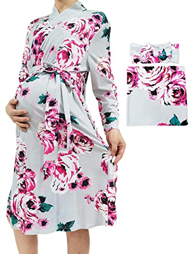 Image of SUFEINI Maternity Robe and Matching Baby Swaddle Blanket Set, Mommy Robe with Receiving Blanket Girls Boys Sleepwear