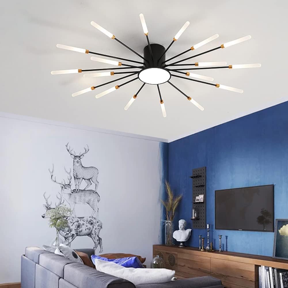 32 Inch Dimmable 3000-6000K LED Ceiling Light Fixture,18 Lights Ceiling Lights Flush Mount Chandelier Black Indoor Lighting for Living Room,18W+12W Ceiling Lamp Firework Deco Close to Ceiling Light