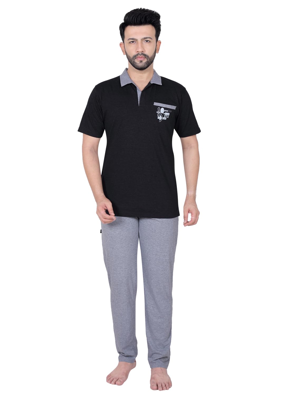 Men's Cotton Blend Pajama Set, Black Polo Shirt with Grey Pants, Short Sleeve, Size M-image-16