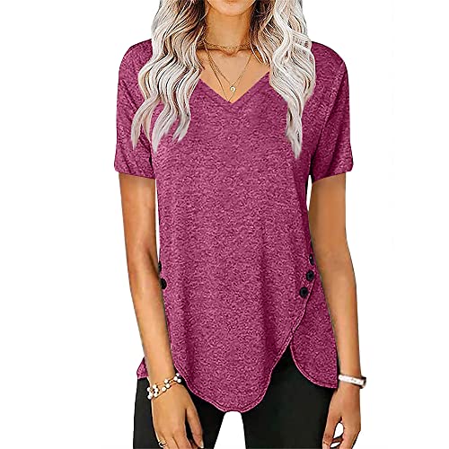 Women's Casual Short Sleeve T Shirts Fashion Solid Color V Neck Tunics Tops Loose Fit Button Dressy Shirt Blouse (Purple,Medium)