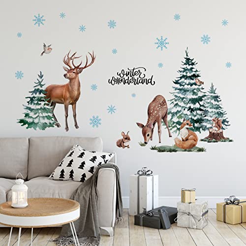 Mfault Winter Christmas Forest Deer Wall Decals Stickers, Xmas Wonderland Pine Tree Animals Elk Squirrel Rabbit Nursery Decorations Kids Bedroom Art, Snowflakes Baby Boys Girls Room Decor #TOP4