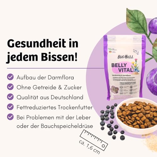 BugBell 7kg Premium Trockenfutter, Magenschonend, Fettreduziert, für Probleme mit der Bauchspeicheldrüse oder Leber, Löwenzahn, Mariendistel, Präbiotika & Probiotika