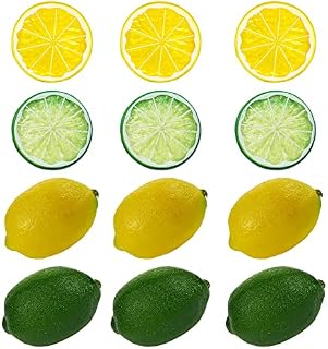 Lemon Fake Fruits, 6 pcs Realistic Yellow Artificial Lemons Green Limes and 6 pcs Plastic Lemon Slices Fake Fruit Party Lemon Decor for Kitchen Hotel Bar Cafe