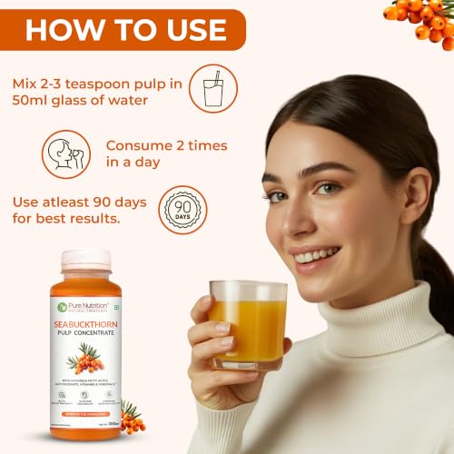 Image of Pure Nutrition Seabuckthorn Pulp Concentrate 300ml | Rich in Omega Fatty Acids (3,6,7 & 9), Vitamins & Antioxidants | Supports Immunity, Heart & Digestive Health | Promotes Skin,Cellular Health & Overall Wellness