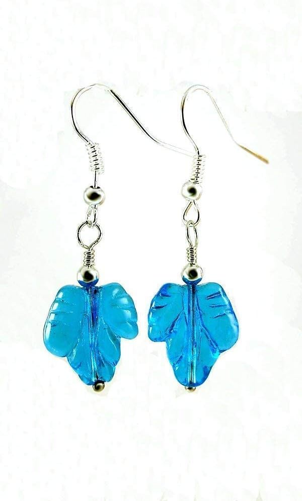 Teal Blue Glass Leaf Earrings on Silver Toned Ear Wires Fall Jewelry