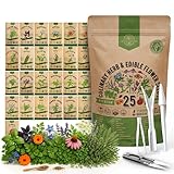 25 Culinary Herbs & Edible Flower Seed Variety Pack for Planting Indoor & Outdoors. 11900+ Non-GMO Heirloom Flower Seeds: Basil, Borage, Echinacea, Lavender, Oregano, Rosemary Seeds & More