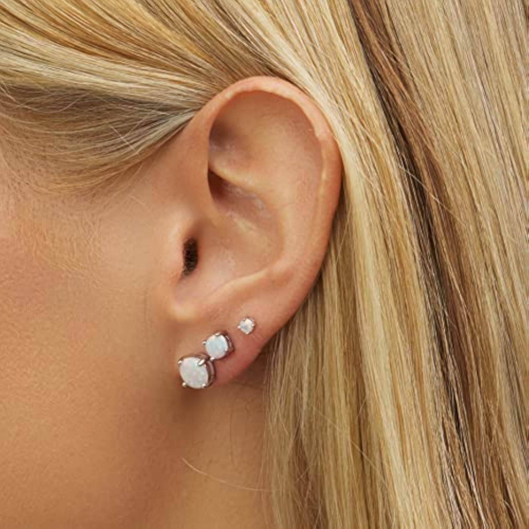 18K White Gold Plated Created Opal Stud Earrings, 3 Pack Set