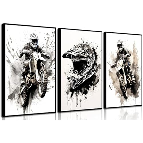 ZUGHRERF Motorbike Trendy Wall Art Black and White Motorcycle Canvas Poster Prints Artwork Cool Racer Sports Pictures Motocross Rider Graffiti Helmet Painting for Boys Teen Man Cave Home Decor 12x16in