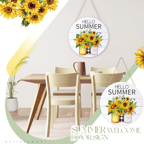 Threehoney Hello Summer Door Sign 12 x 12 Inch Sunflower Wood Front Door Decor Farmhouse Welcome Summer Mason Jar Round Hanging Sign for Rustic Porch Home Office Living Room Indoor Outdoor Decorations — view 6