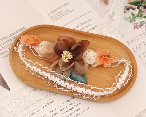 Bethynas baby girls Lace Flower Headband Gauze Floral Elastic Infant Hairband Birthday Party Princess Hair Accessories for Newborn Toddlers (Brown)2