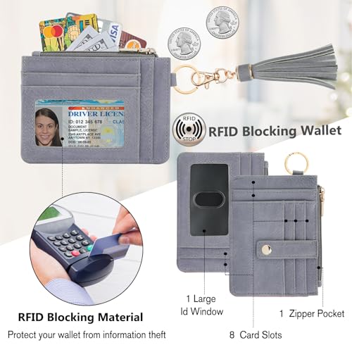 Image of KNGITRYI Wallet, Slim RFID Credit Card Holder with Wristlet Keychain, Gray (Unisex, PU Leather, 8 Card Slots, RFID Protected, Fashion Tassel)