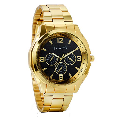 JewelryWe Men Gold Tone Stainless Steel Quartz Wrist Watch,Black Dial