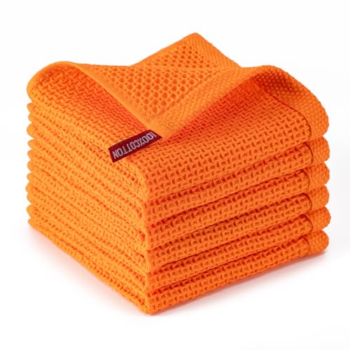 BOOMIBOO 6-Pack Kitchen Dish Cloths 100% Cotton Waffle Weave Ultra Soft Absorbent Quick Drying Dish Towels 12x12 Inches Orange