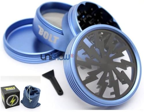 Unishow Authentic BOLT 2.5" 4 parts Lightning tobacco spice Herb aircraft Aluminum Grinder 50 Blades W/Pouch (Blue+black lightning)