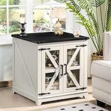 Joaxswe Farmhouse End Table with Charging Station, 24' Large Sofa Side Table with Glass Barn Door,White Nightstand with Adjustable Storage Shelf,Wood Square Bedside Table for Living Room,Bedroom