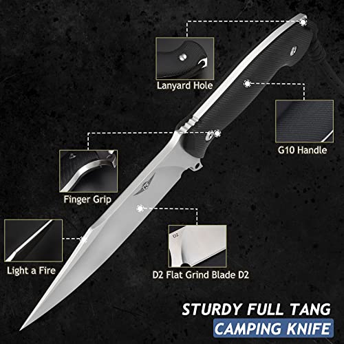Komwero 10.2" Fixed Blade Hunting Camping Outdoor Knife, Sharp D2 Steel Blade Full Tang Survival Knife With Kydex Sheath Horizontal & Vertical Black G10 Handle, Cool Gifts For Men (Silver) #TOP6