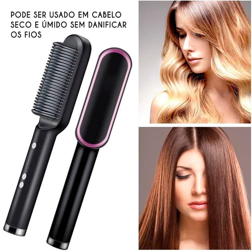 Anion Hair Escova Alisadora 3 em 1 – Alisa, Seca e Hidrata com Luzes de Íons – Bivolt Premium