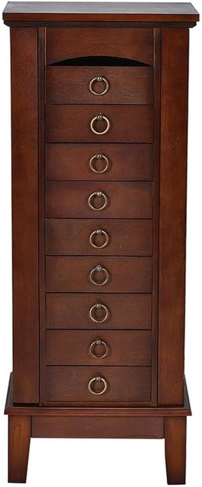 Pemberly Row Jewelry Cabinet, 40" Tall MDF and Glass Construction, Walnut Finish, 6 Drawers, Side Doors with Necklace Hooks, Partitioned Top with Mirror, Vintage Hardware, Bedroom or Dressing Room