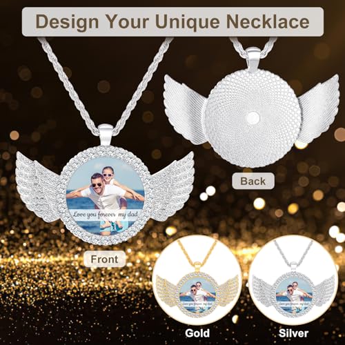 Valyria Picture Necklace Personalized Photo for Men Women Angel Wings Custom Necklace with Picture Inside Circle Chain with Wings Memory Chain Necklace Hip Hop Jewelry