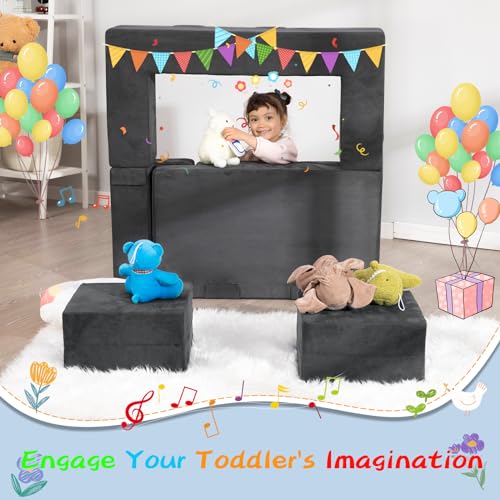 Modular-Kids-CouchToddlers-Convertible-Climbing-Play-Couch-Sofa-and-Imaginative-Furniture-Foldable-Floor-Cushion-with-2-Ottomans-Playset-for-Playroom-Bedroom-Chenille-Fabric-Gray Modular Kids CouchToddlers Convertible Climbing Play Couch Sofa and Imaginative Furniture Foldable Floor Cushion with 2 Ottomans Playset for Playroom Bedroom Chenille Fabric Gray