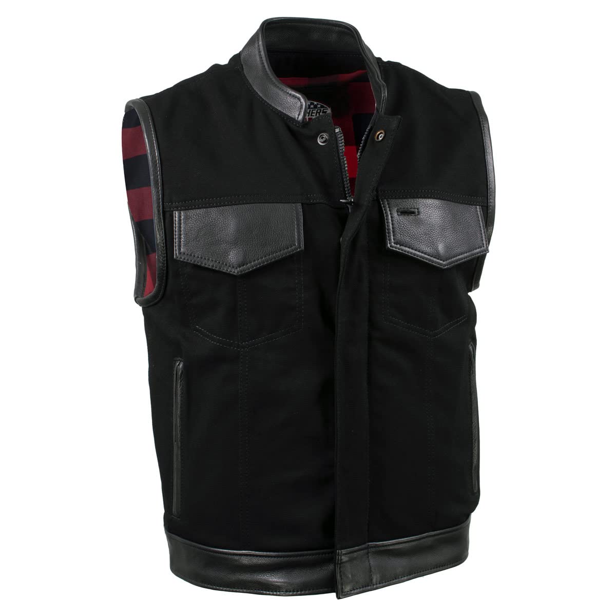 Milwaukee Leather USA MADE MLVSM5101 Men's Black Burn Out Denim and Leather Motorcycle Vest with Plaid Red Lining - X-Large