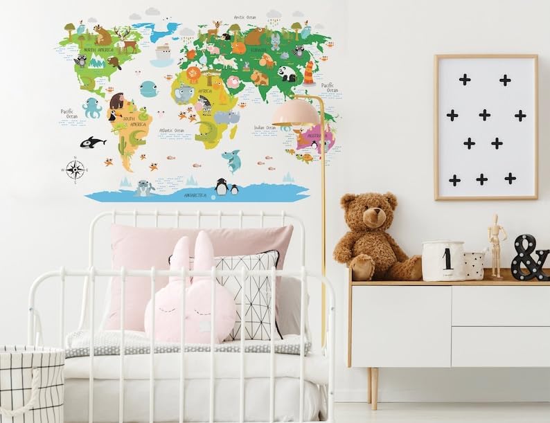Miniatura 4 de Calcomanía de mapa del mundo, calcomanía de pared para guardería, calcomanía de geografía de habitación infantil, arte de pared de mapa educativo