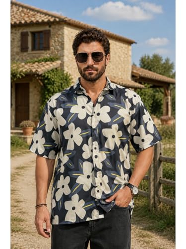 Image of BROWN CULTURE Relaxed Fit Casual Shirt for Men | Premium Cotton Blend Loose Fit Oversized Shirts | Half Sleeve Graphic Printed Fashion Shirts | Modern Everyday Streetwear Stylish Top for Men