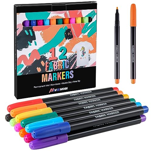 Navie Mobi Textile et Tissu,12 Marqueurs Feutre Textile Permanent pour T-shirts Jeans Chapeaux Sacs en Toile Chaussures Tote Bag,et Autres Tissus