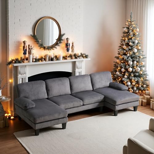 VINGLI 110″ Sectional Couches for Living Room,U Shaped Couch with Double Chaise, 4-Seat Sofa Set with Corduroy Fabric for Home Furniture,Grey