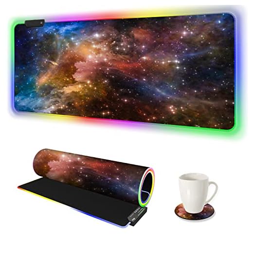 AIMSA Large Gaming Mouse Pad RGB, Keyboard Led Mousepad Extended 35.4 x 15.8 inch Non-Slip Rubber Base with 14 Lighting Modes Desk Mat, Colorful Galaxy Nebula