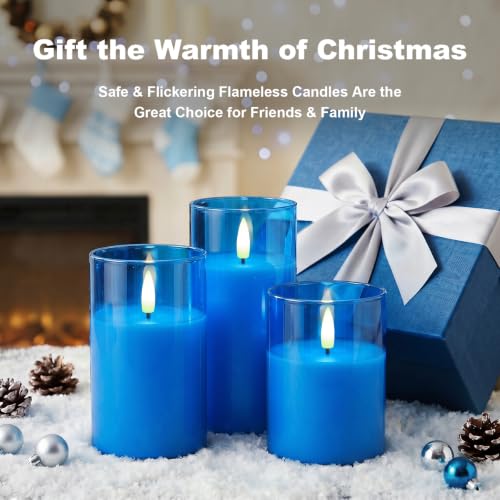 Image of Amagic Blue Glass Flameless Candles with Remote, Battery Operated Candles, Real Wax LED Candles with Timer, Flickering Fake Pillar Candle for Theme Party, Hanukkah Holiday Decor, 3D Wick, Set of 3