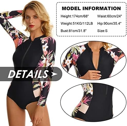 Women's Long Sleeve Rash Guard UV Protection Swimsuit Zipper Floral Printed Surfing One Piece Bathing Suit Swimwear