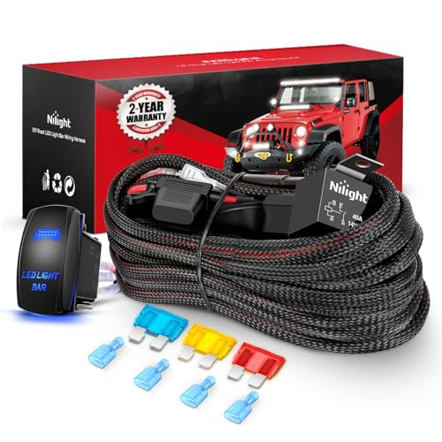 Image of Nilight Off Road LED Light Bar Wiring Harness Kit 12 V 5 Pin Rocker Switch | Laser On /Off Power Relay & Blade Fuse Nylon for 14 AWG 2 Leads on Cars Jeep Boat Trucks