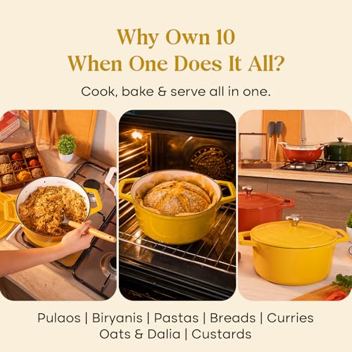 Image of CUMIN CO. Cast Iron Dutch Oven 1.2L, 16 cm | Induction Base Cookware | 10 Years Warranty | Non Toxic Non Stick Biryani Pot with Lid | Heavy Bottom | Chemical Free Coating | Free Accessories | Mustard