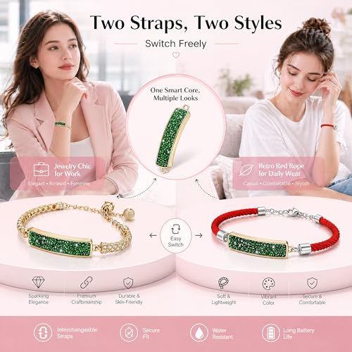 Image of 2-in-1 Crystal-Inlaid Smart Bracelet for Women, Jewelry Fitness Tracker with Heart Rate, Sleep & Cycle Tracking, IP68 Waterproof, Interchangeable Bands (Gold Emerald-1)