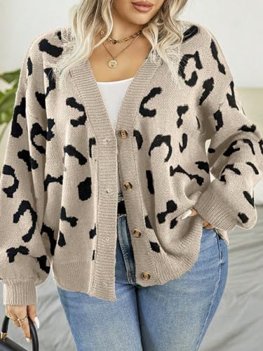Image of Verdusa Women's Plus Size Cardigan Sweaters Open Front Button Down Leopard Cardigan Long Sleeve Oversize Winter Outfit Apricot Large Plus