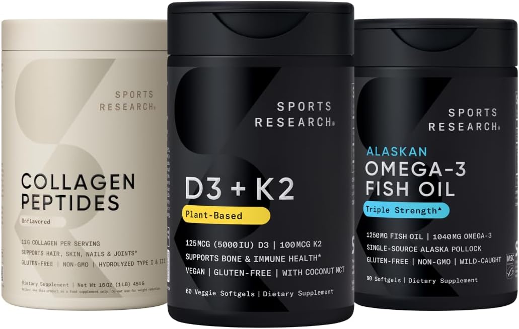 Sports Research® Body Wellness Pack - Vitamin D3 5000iu + K2 100mcg, Omega-3 Fish Oil 1250, and Organic Collagen Peptides